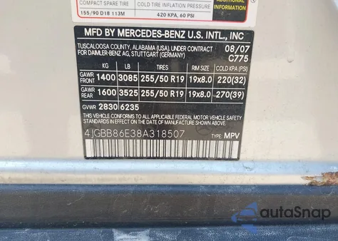 2008 Mercedes-Benz Ml 350 4Matic z USA, uszkodzony, nr VIN 4JGBB86E38A318507